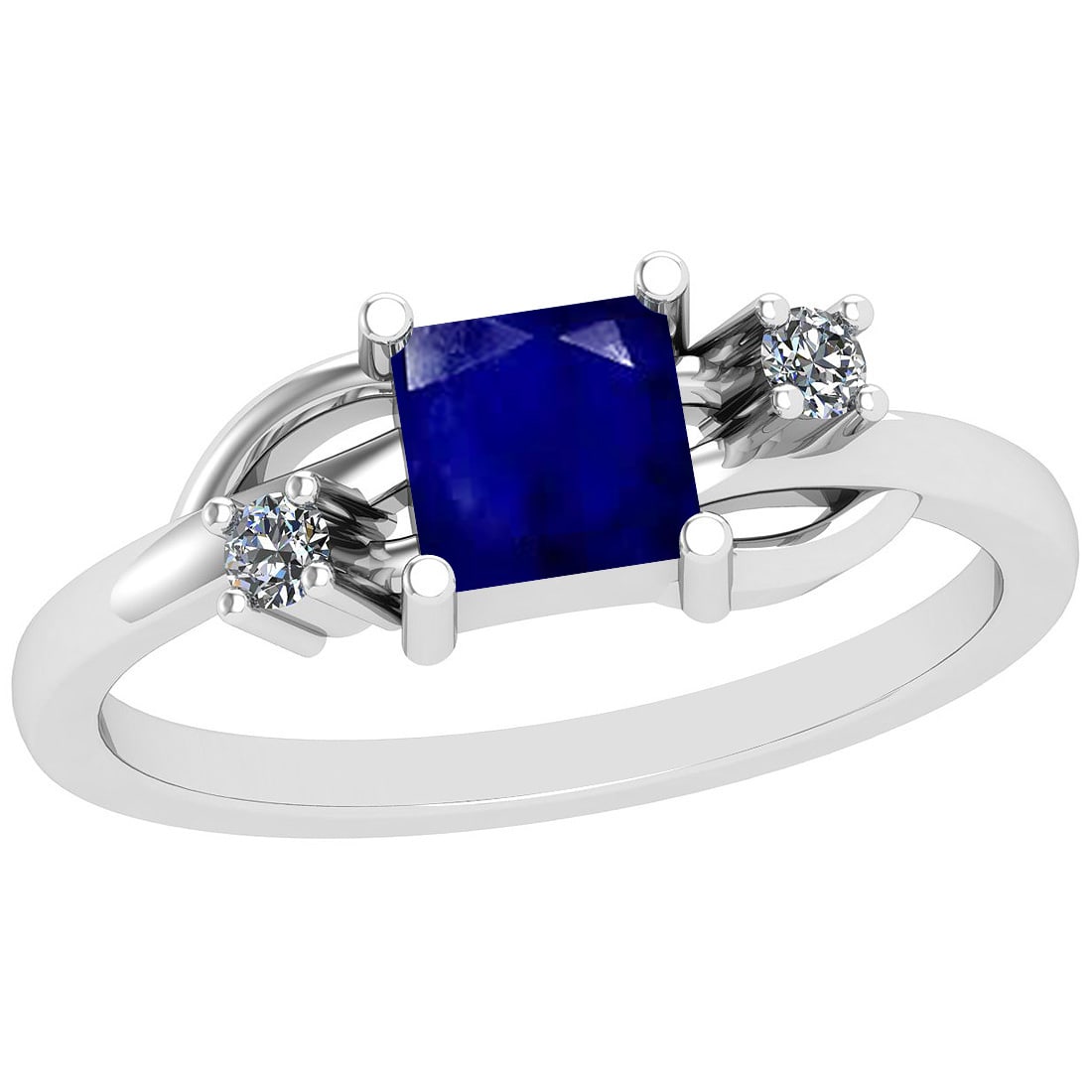0.60 Ctw SI2/I1 Blue Sapphire And Diamond 14K White Gold Ring: Center Stone Weight : 0.50 Ctw (Square cut) Center Stone Color :-Blue Sapphire Stone Setting : Prong Side Stone Weight Of Ctw 0.10 Ctw Side Stone Color : J-K Stone Clarity : SI2/I1 Stone Setting :