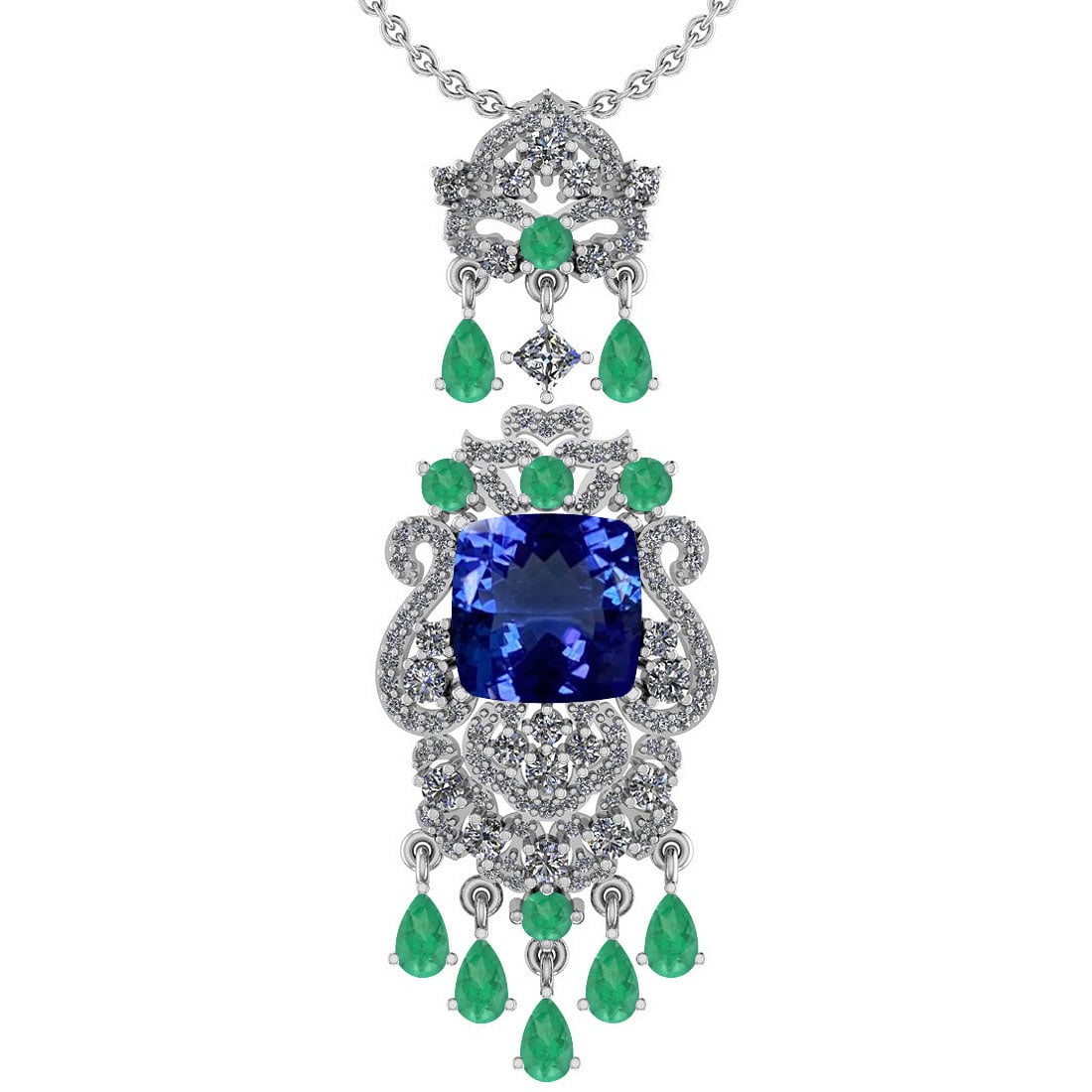 Certified 11.78 Ctw VS/SI1 Tanzanite,Emerald And Diamond 14K White Gold Vin: Center Stone Approx Weight: 6.63 Ctw (Cushion Cut) Center Stone Color: Tanzanite Center Stone Setting: Prong Color Stone Weight: 3.09ctw stone Color: Emerald Setting: Prong Side Stone 2.06 Ctw Side
