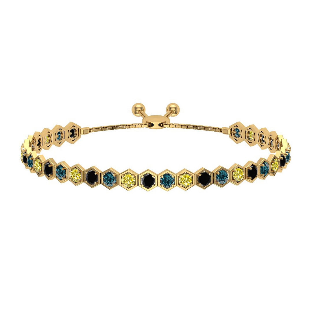 2.84 Ctw I2/I3 Multi Diamond14K Yellow Gold Slide Bracelet: Center Diamond Weight : 2.84 Ctw (Round Cut) Center Diamond Color :- Treated Fancy Blue black yellow diamond Center Clarity : I2/I3 Stone Setting : Prong Metal Weight : Approx 8.80 Gram 14K Yellow Gol