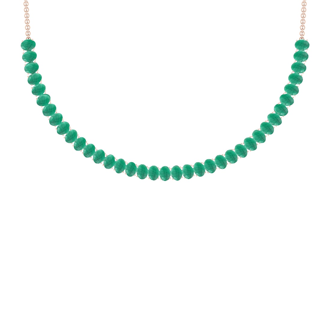 48.75 Ctw Emerald 14K Rose Gold Necklace: Center Stone Weight : 48.75 Ctw ( Oval Cut) Center Stone Color :-Emerald Stone Setting : Prong Metal Weight : Approx 19.30 Gram 14K Rose Gold Ladies fashion Necklace Size :- 16 Inches #PAPPS67597v7