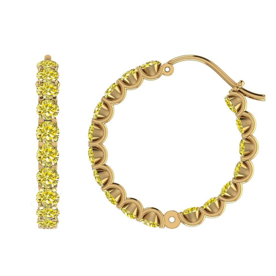 1.56 Ctw i2/i3 Treated Fancy Yellow Diamond 14K Yellow Gold Hoop Earrings: Center Diamond Weight : 1.56 Ctw (Round Cut) Center Diamond Color :-Treated Fancy Yellow Diamond Center Clarity : I2/I3 Stone Setting : Prong Metal Weight : Approx 7.00 Gram 14K Yellow Gold Hoop