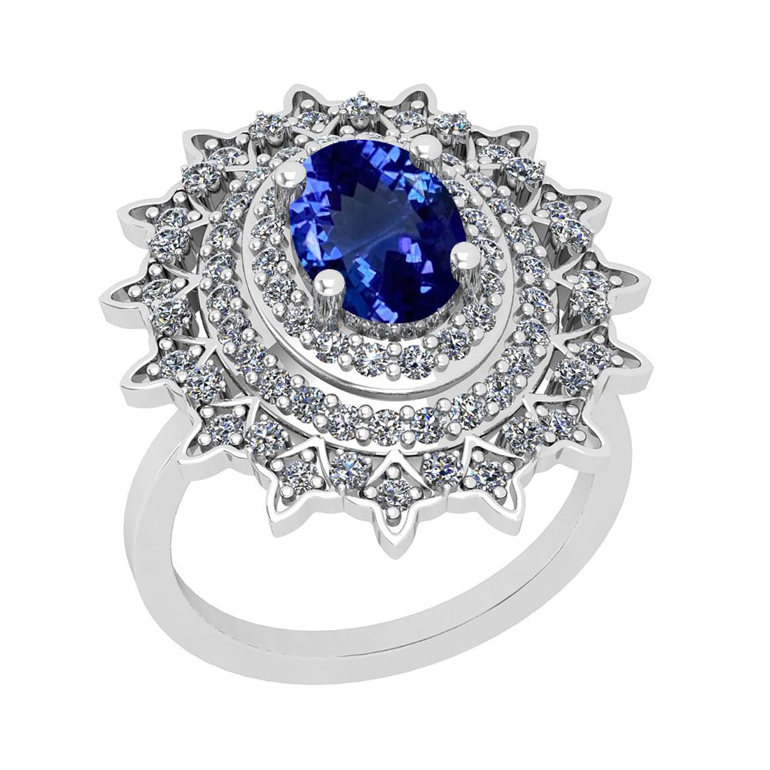 7.80 Ctw VS/SI1 Tanzanite And Diamond 18K White Gold Vintage Style Wedding: Center Stone Weight : 5.65 Ctw (Oval Cut) Center Stone Color :-Tanzanite Center Stone Setting : Prong Side Stone Weight Of Ctw 2.15 Ctw Side Stone Color : G-H Stone Clarity : VS/SI1 Stone Setting :