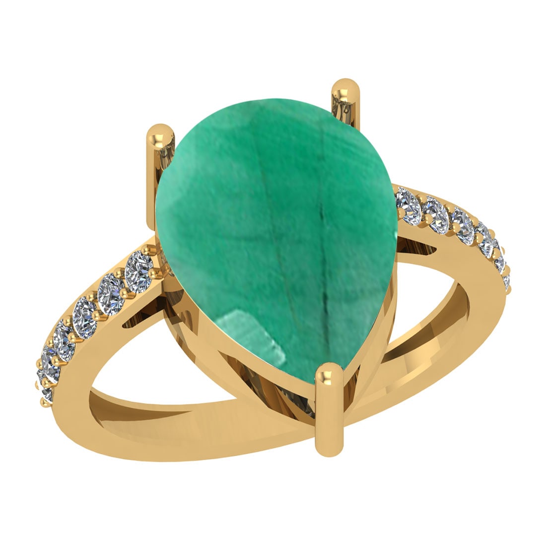 6.30 Ctw SI2/I1 Emerald And Diamond 14K Yellow Gold Ring: Color Stone Weight : 6.00 Ctw (Pear Cut ) Center Stone Color : Emerald Center Stone Setting : Prong Side Stone Weight Of Ctw 0.30 Ctw Side Stone Color : J-K Stone Clarity : SI2/I1 Stone Setting : Pron