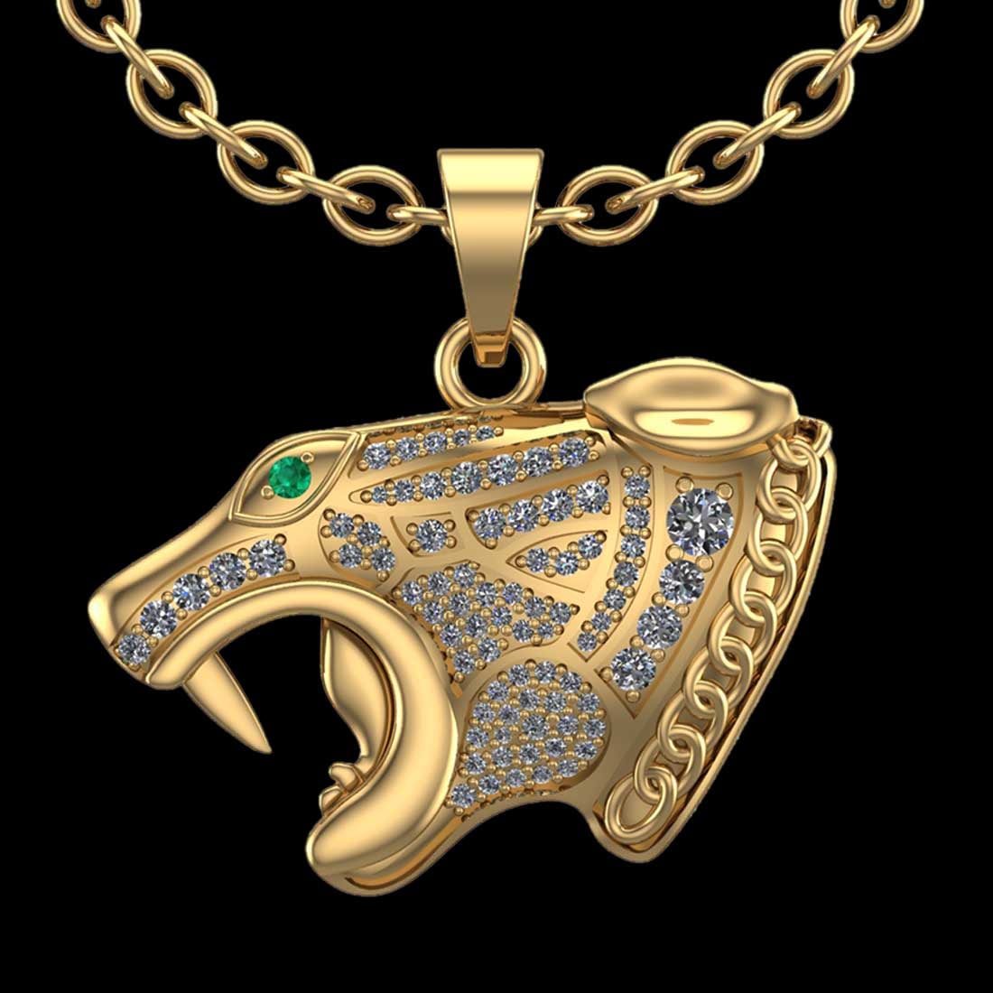 0.62 Ctw SI2/I1 Diamond 18K Yellow Gold Tiger Pendant Necklace: Eye Stone Weight :- 0.02 ctw Eye stone Color :-Emerald Total Diamond Weight : 0.60 Ctw (Round cut) Center Diamond Color :- G-H Center Clarity : SI2/I1 Stone Setting : Prong Metal Weight : Approx 8.30