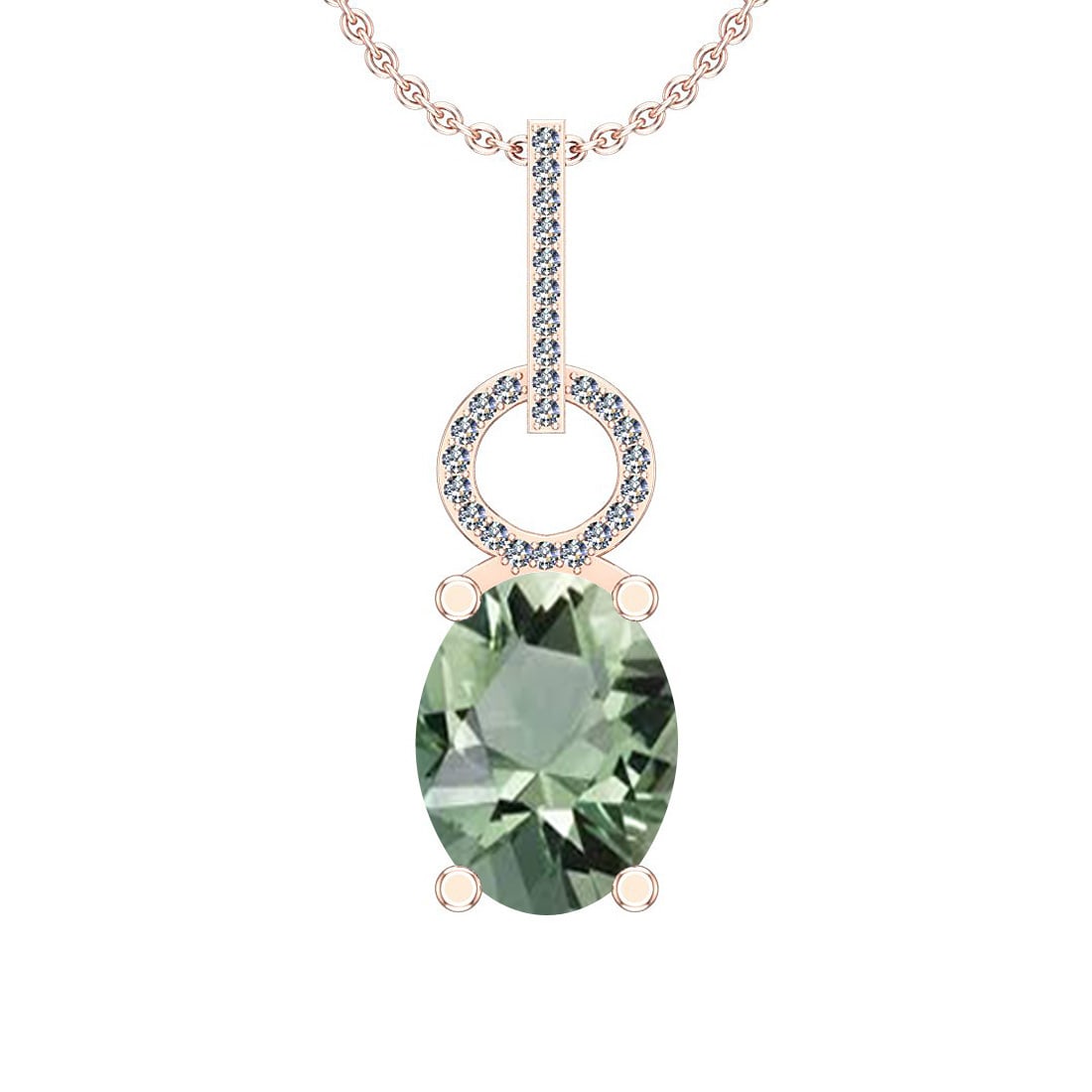 Certified 13.55 Ctw I2/I3 Green Amethyst And Diamond 14K Rose Gold Pendant: Color Stone Approx Weight: 12.50 Ctw (Oval Cut) Center Stone Color: Green Amethyst Center Stone Setting: Prong Side Stone 1.05 Ctw Side Stone Color: J-K Stone Clarity: I2/I3 Stone Setting: Prong