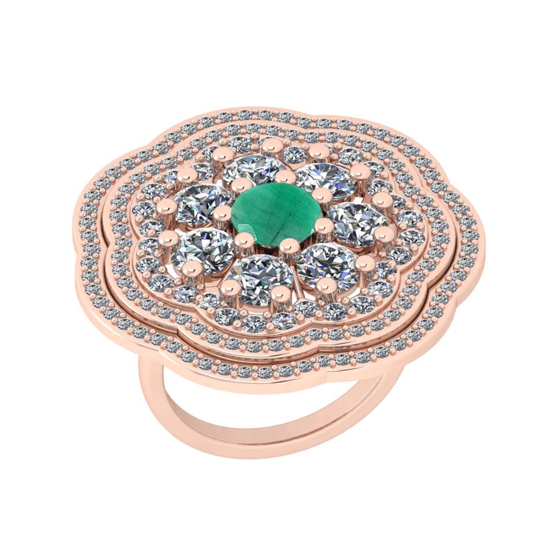 4.11 Ctw SI2/I1 Emerald And Diamond 14K Rose Gold Cocktail Ring: Color Stone Weight : 1.00 Ctw (Round Cut ) Center Stone Color : Emerald Center Stone Setting : Prong Side Stone Weight Of Ctw 3.11 Ctw Side Stone Color : J-K Stone Clarity : SI2/I1 Stone Setting :