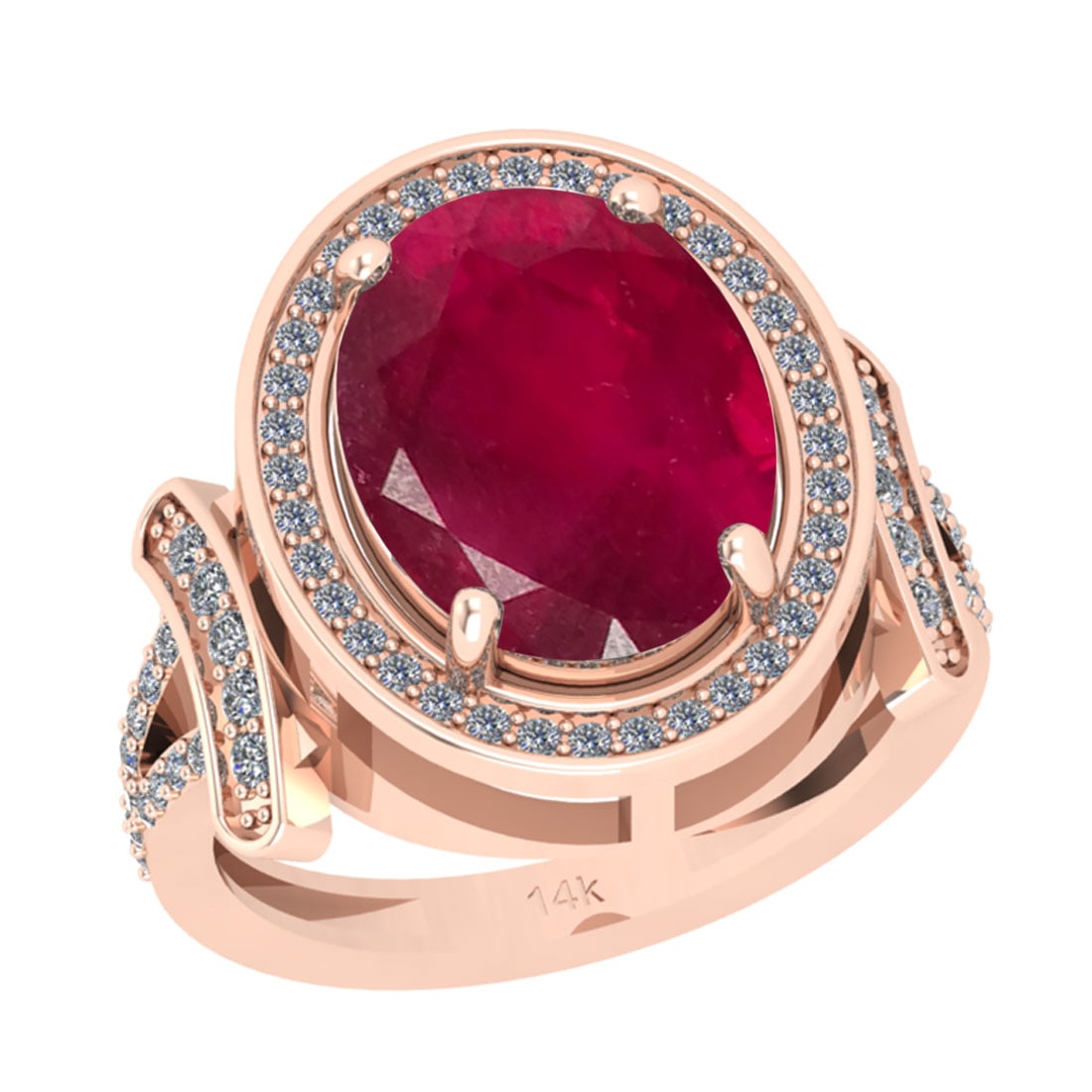 6.28 CtwSI2/I1 Ruby And Diamond 14K Rose Gold Vintage Style Ring: Center Stone Weight : 5.88 Ctw ( Oval Cut ) Center Stone Color : Ruby Stone Setting : Prong Side Diamond Weight Of Ctw 0.40 Ctw Side Stone Color : J-K Stone Clarity :SI2/I1 Stone Setting : Prong Metal