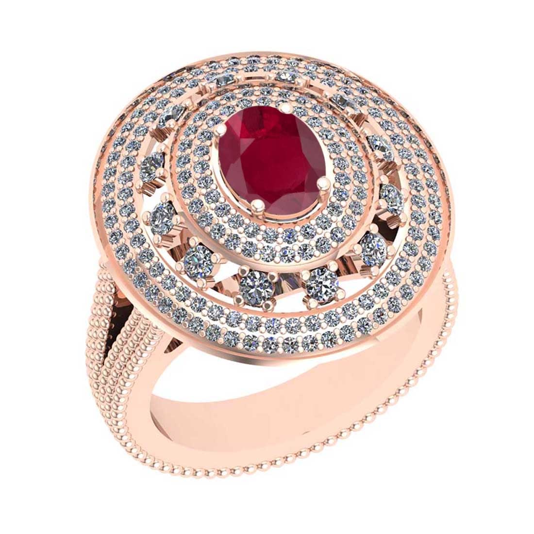 2.46 Ctw SI2/I1Ruby and Diamond 14K Rose Gold Engagement Ring: Center Stone Weight : 1.25 Ctw ( 1pec Oval Cut) Center stone Color :-Ruby Setting : Prong Side Diamond Weight Of Ctw 1.21 Ctw Color : J-K Clarity : SI2/I1 Stone Setting : Prong Metal Weight : Approx