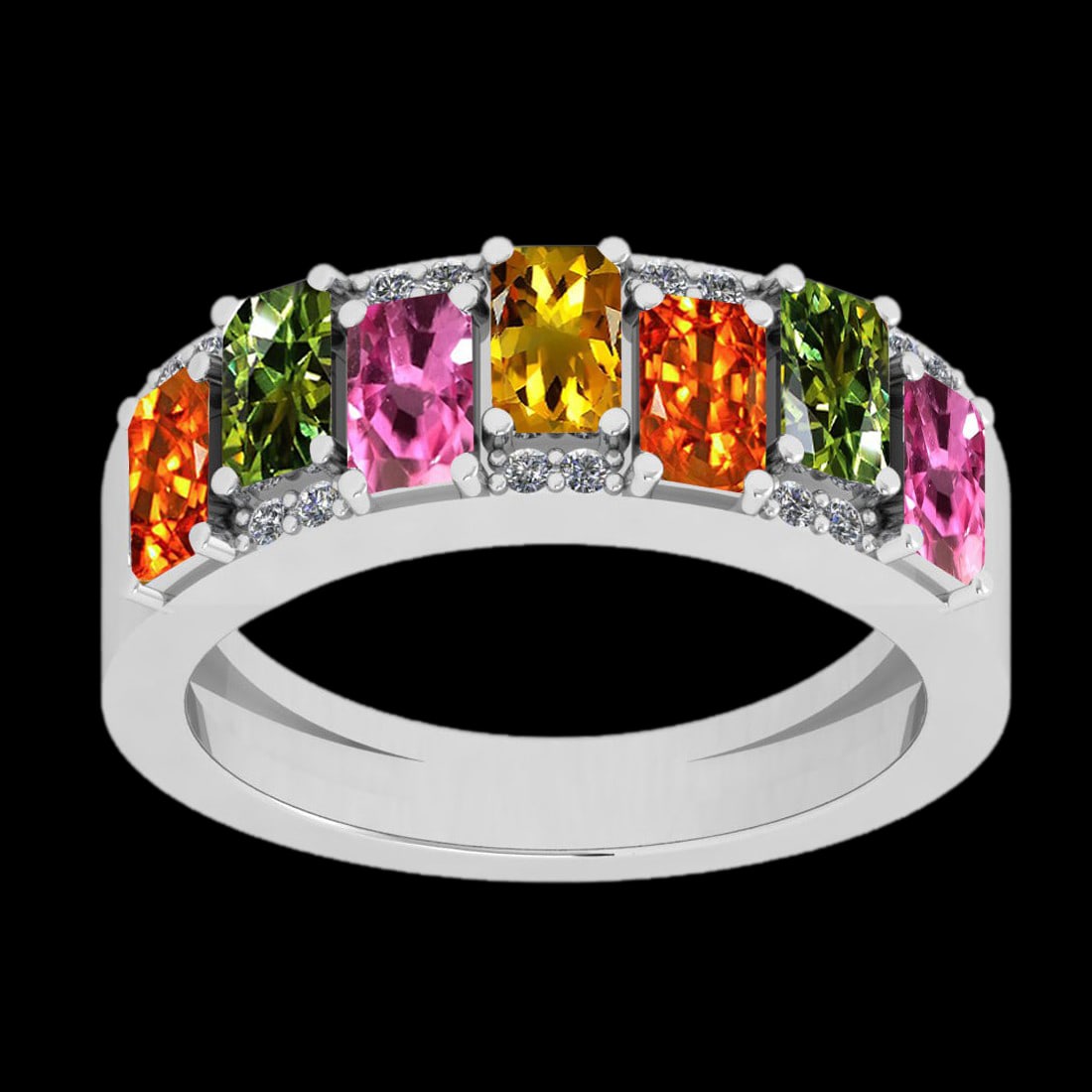 1.87 Ctw SI2/I1 Multi Sapphire And Diamond 14K White Gold Eternity Half Ban: Multi Stone Weight : 1.75 Ctw (Emerald Cut ) Multi Stone Color : Pink,Yellow,Green,Orange Sapphire Stone Setting : Prong Side Stone Weight Of Ctw 0.12 Ctw Side Stone Color : J-K Stone Clarity : SI2/I1