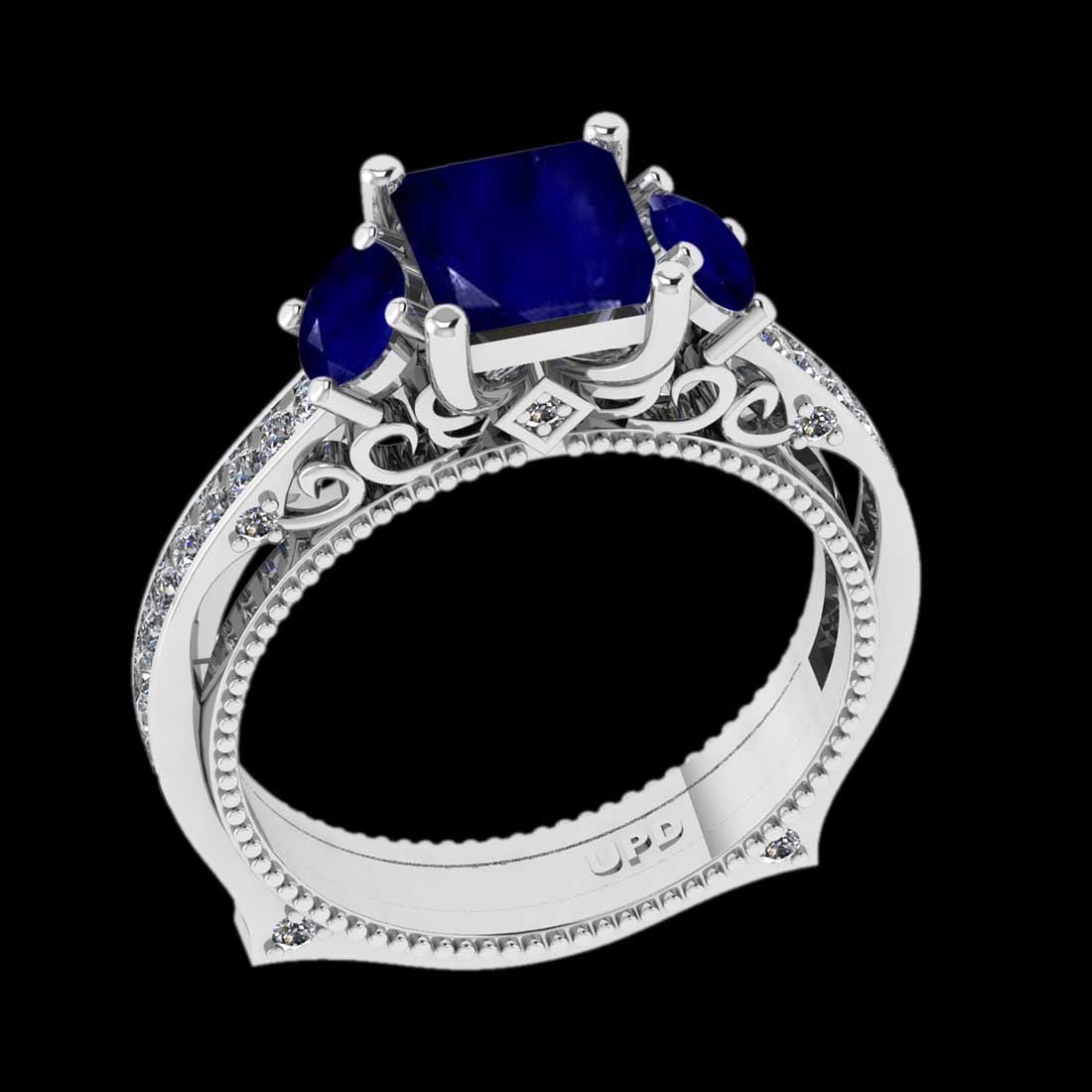1.96 Ctw VS/SI1 Blue Sapphire And Diamond Prong Set 14K White Gold Engageme: Center Stone Weight : 1.30 Ctw ( Round & Princess Cut) Center stone Color :- Blue Sapphire Center Stone Setting : Prong Side Stone Weight Of Ctw 0.66 Ctw Side Stone Color : J-K Stone Clarity :VS/SI1 S