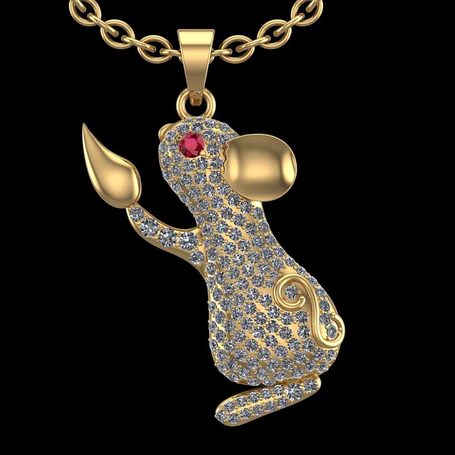 2.06 Ctw SI2/I1 Diamond 18K Yellow Gold Mouse Pendant Necklace: Eye Stone Weight :- 0.09 ctw Eye stone Color :-Ruby Total Diamond Weight : 1.97 Ctw (Round cut) Center Diamond Color :- J-K Center Clarity : SI2/I1 Stone Setting : Prong Metal Weight : Approx 9.90