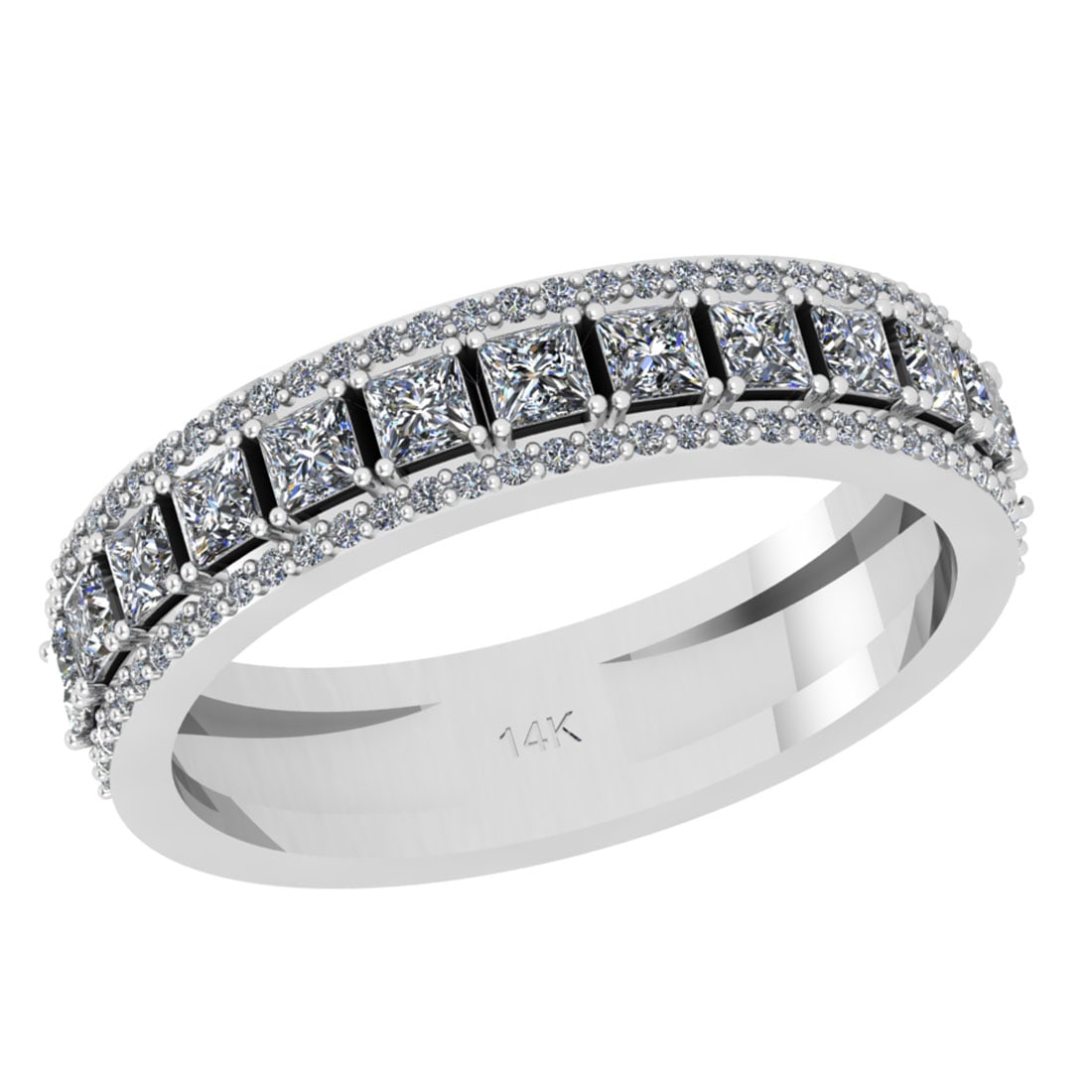 0.95 Ctw SI2/I1 Diamond 14K White Gold Entity Band Ring: Total Diamond Weight : 0.95 Ctw ( Round & Princess Cut) Color : J-K Setting : Prong Stone Clarity : SI2/I1 Metal Weight : Approx 3.90 Gram 14K White Gold Entity Band Ring Current Ring Size is-6