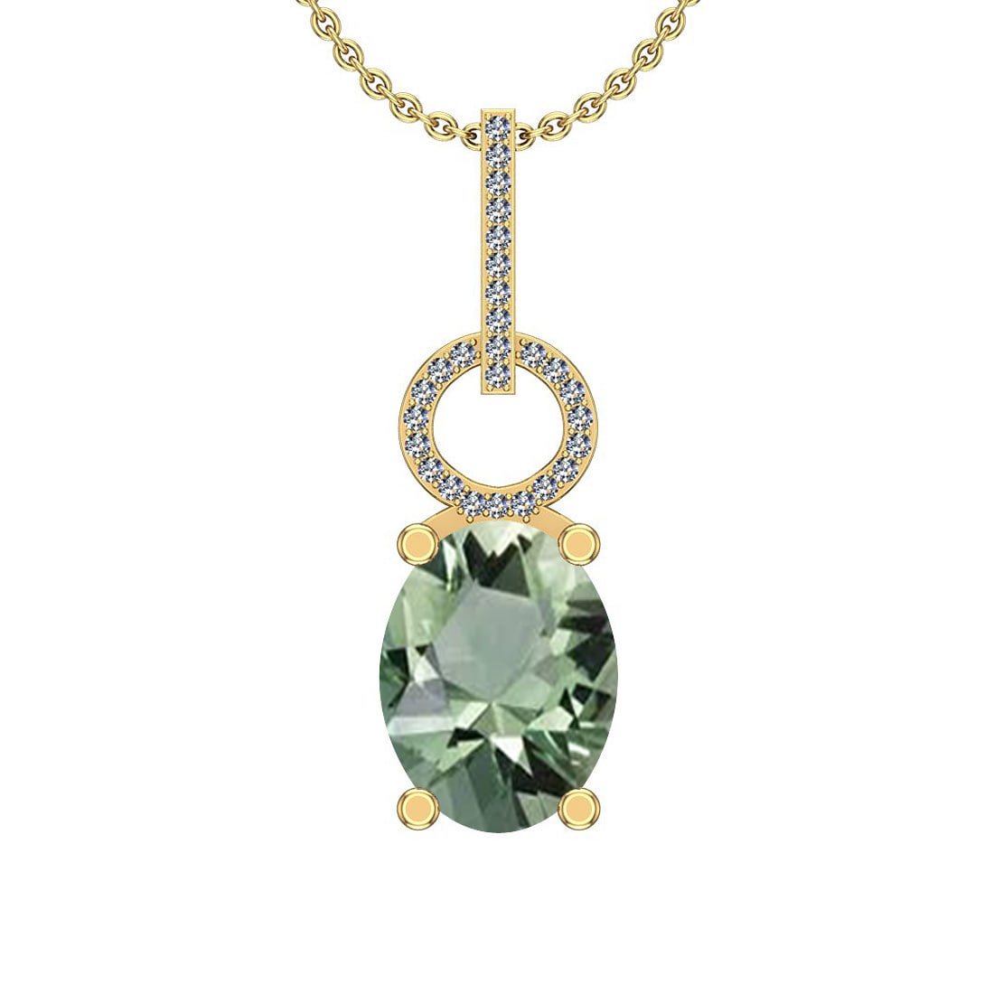 Certified 13.55 Ctw I2/I3 Green Amethyst And Diamond 14K Yellow Gold Pendan: Color Stone Approx Weight: 12.50 Ctw (Oval Cut) Center Stone Color: Green Amethyst Center Stone Setting: Prong Side Stone 1.05 Ctw Side Stone Color: J-K Stone Clarity: I2/I3 Stone Setting: Prong Metal