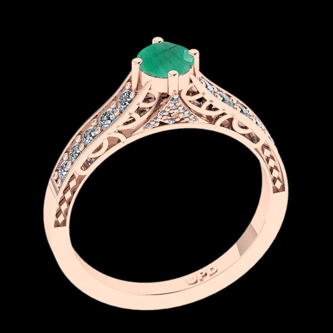 0.76 Ctw VS/SI1 Emerald And Diamond Prong Set 14K Rose Gold Engagement Fili: Center Stone Weight : 0.45 Ctw ( Round Cut) Center stone Color :- Emerald Center Stone Setting : Prong Side Stone Weight Of Ctw 0.31 Ctw Side Stone Color : J-K Stone Clarity :VS/SI1 Stone Setting : Pr