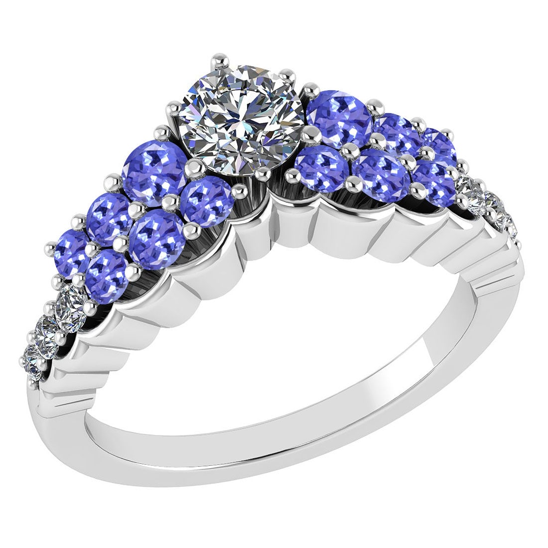 Certified 1.35 Ctw I2/I3 Tanzanite And Diamond 14K White Gold Vintage Style: Center Approx Weight: 0.50 Ctw (Round Cut) Center Color: J-K Center Stone Clarity: I2/I3 Stone Setting: Prong Side Stone 0.71 Ctw Side Stone Color: Tanzanite Side Stone 0.14 Ctw Side Stone Color: J-K