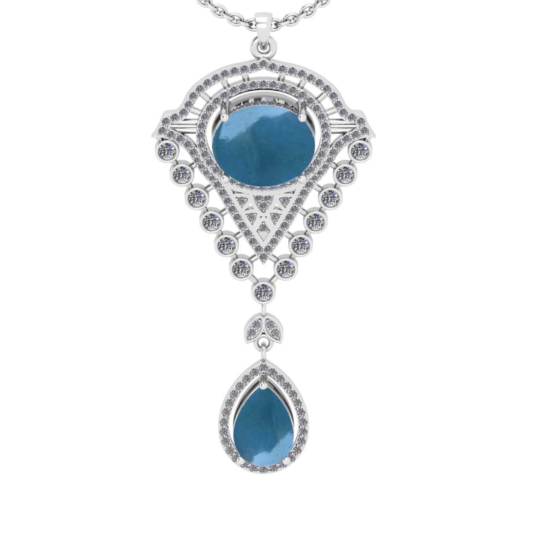 8.62 Ctw SI2/I1 Aquamarine And Diamond 14K White Gold Necklace: Center Stone Weight : 7.50 Ctw (Oval & Pear cabochon ) Center Stone Color : Aquamarine Stone Setting : Prong Side Stone Weight Of Ctw 1.12 Ctw Side Stone Color : G-H Stone Clarity : SI2/I1 Stone