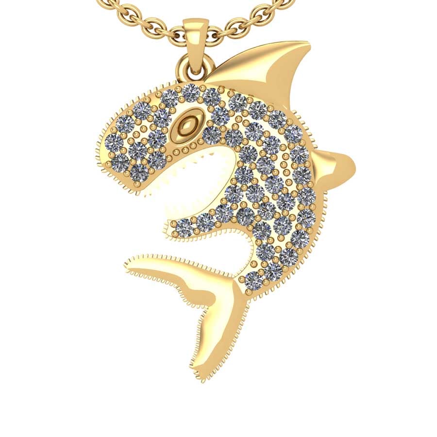 0.61 Ctw SI2/I1 Diamond 14K Yellow Gold Fish Pendant Necklace: Total Diamond Weight : 0.61 Ctw (Round cut) Center Diamond Color :- J-K Center Clarity : SI2/I1 Stone Setting : Prong Metal Weight : Approx 4.20 Gram 14K Yellow Gold Fish Pendant Necklace #PAPPS27882v