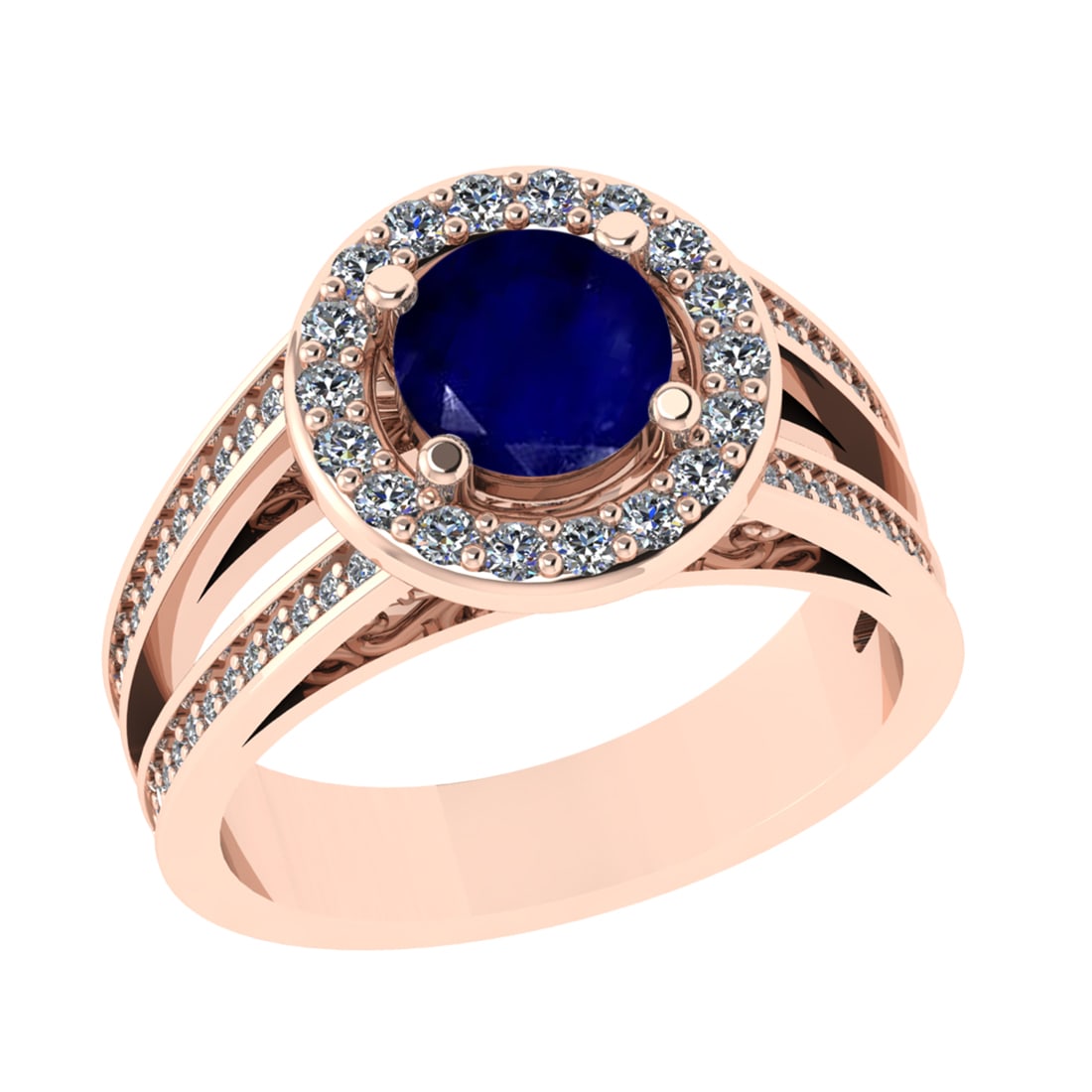 2.14 Ctw I2/I3 Blue Sapphire And Diamond 14K Rose Gold Engagement Ring: Center Stone Weight :1.10 Ctw ( Round Cut ) Center Stone Color : Blue Sapphire Stone Setting : Prong Side Diamond Weight Of Ctw 1.04 Ctw Side Stone Color : J-K Stone Clarity : SI2/I1 Stone Setting : P