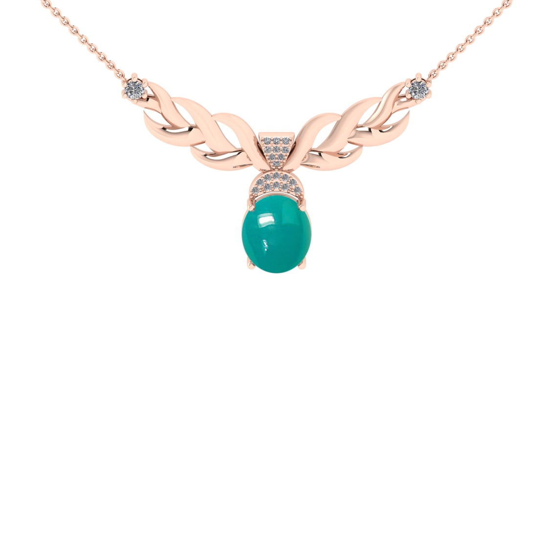 3.46 Ctw VS/SI1 Emerald and Diamond 14K Rose Gold Pendant Necklace: Color Stone Weight : 3.23 Ctw (Oval Cab) Stone Color :- Emerald Center Stone Setting : Prong Side Weight Of Ctw 0.23 Ctw Color : J-K Clarity : VS/SI1 Stone Setting : Prong Metal Weight : Approx 5.20
