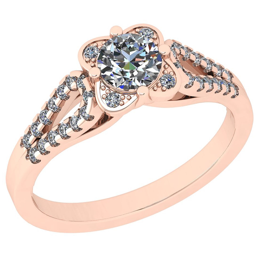 Certified 0.75 Ctw SI2/I1 Diamond 14K Rose Gold Vintage Style Wedding Ring: Center Approx Weight: 0.50 Ctw (Round Cut) Center Diamond Color: G-H Center Clarity: SI2/I1 Center Setting: Prong Side Stone 0.25 ctw Side Stone Color: G-H Side Stone Setting: Prong Side Stone Clarity