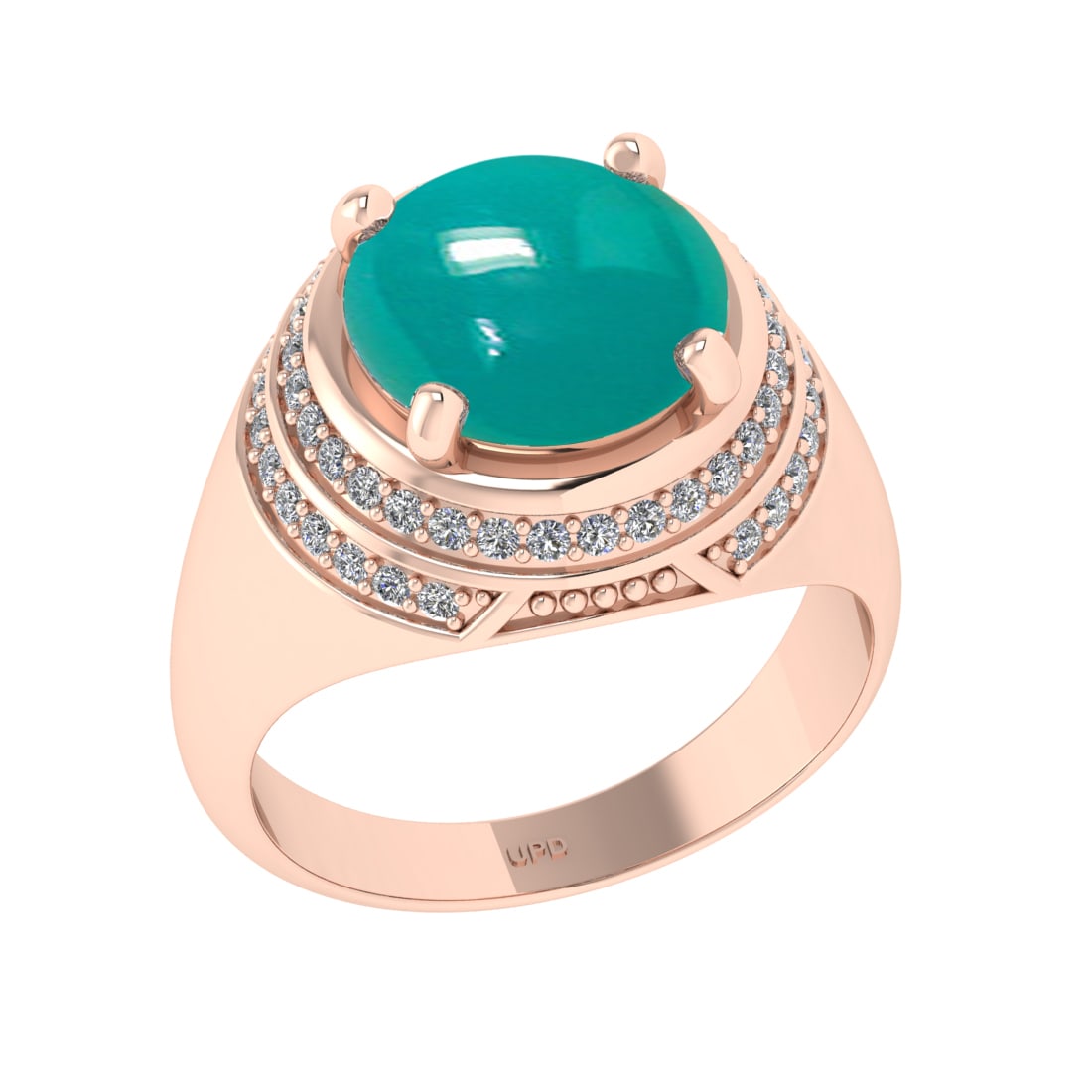 4.42 Ctw VS/SI1 Emerald and Diamond 14K Rose Gold Engagement Ring: Color Stone Weight : 4.01 Ctw (Round Cab) Stone Color :- Emerald Center Stone Setting : Prong Side Weight Of Ctw 0.41 Ctw Color : J-K Clarity : VS/SI1 Stone Setting : Prong Metal Weight : Approx 10.20