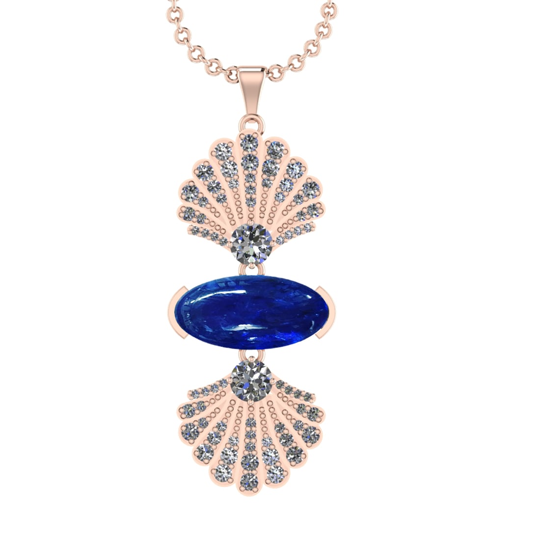 14.05 Ctw VS/SI1 Tanzanite and Diamond Prong Set 14k Rose Gold Pendant: Center Stone Weight : 12.45 Ctw ( Oval Cab) Center Stone Color :-Tanzanite Setting : Prong Side Weight Of Ctw 1.60 Ctw Color : J-K Clarity : VS/SI1 Stone Setting : Prong Metal Weight : Approx 13.40