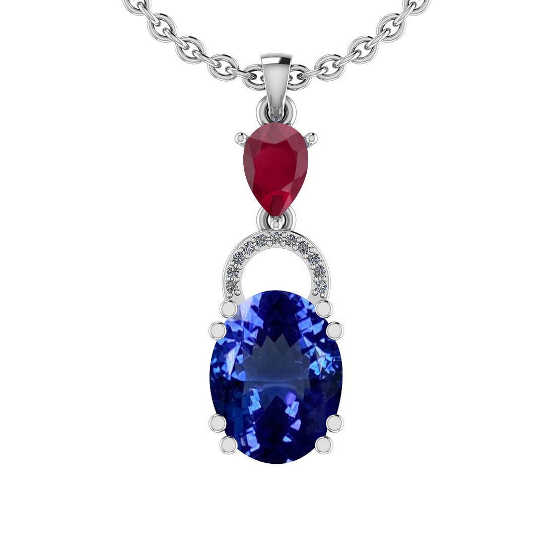 Certified 5.36 Ctw VS/SI1 Tanzanite,RUBY And Diamond 14K White Gold Vintage: Center Stone Approx Weight: 4.80 Ctw (Oval Cut) Center Stone Color: Tanzanite Center Stone Setting: Prong Color Stone Weight: 0.50 ctw stone Color: Ruby (Pear Cut )Setting: Prong Side Stone 0.06 Ctw S