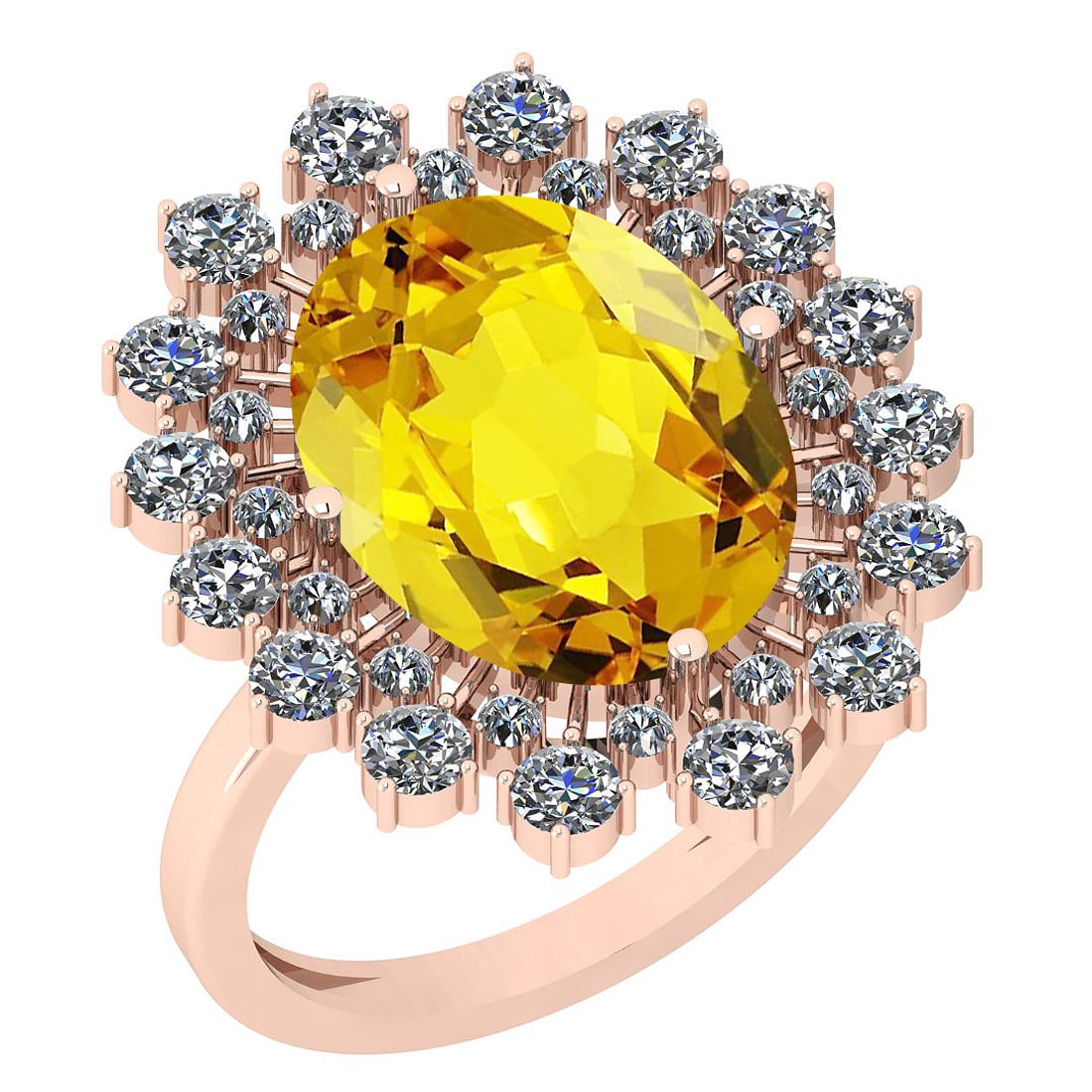 19.63 Ctw I2/I3 Lemon Topaz And Diamond 14k Rose Gold Engagement Halo Ring: Center Stone Weight : 18.15 Ctw (1 Psc Oval Cut ) Center Stone Color : Lemon Topaz Center Stone Setting : Prong Side Stone Weight Of Ctw 1.48 Ctw Side Stone Color : J-K Stone Clarity : I2/I3 Stone