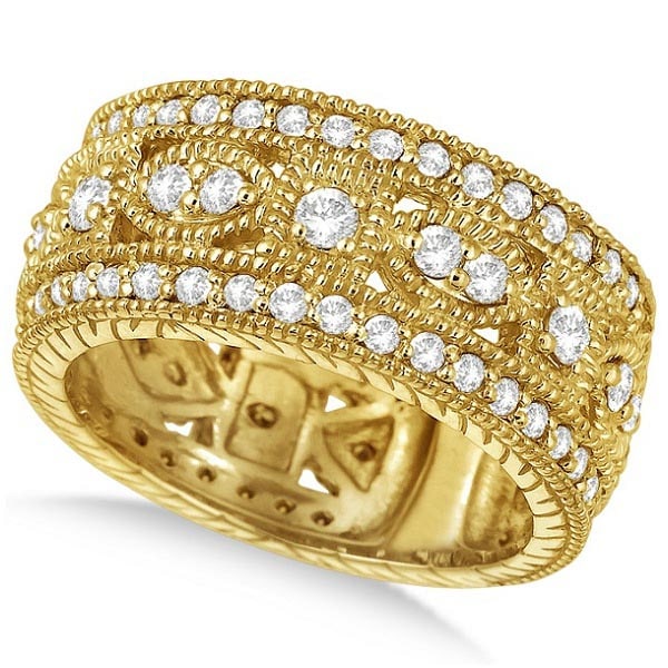 Vintage Style Byzantine Wide Band Diamond Ring 14k Yellow Gold 1.37ctw: CENTER STONE; Diamond CENTER STONE CLARITY; SI CENTER STONE COLOR; J-K CENTER STONE SETTING; Prong SIDE STONE CLARITY; SI SIDE STONE COLOR; J-K SIDE STONE SETTING; Prong ctw OF SIDE STONE: 0.3 SIDE