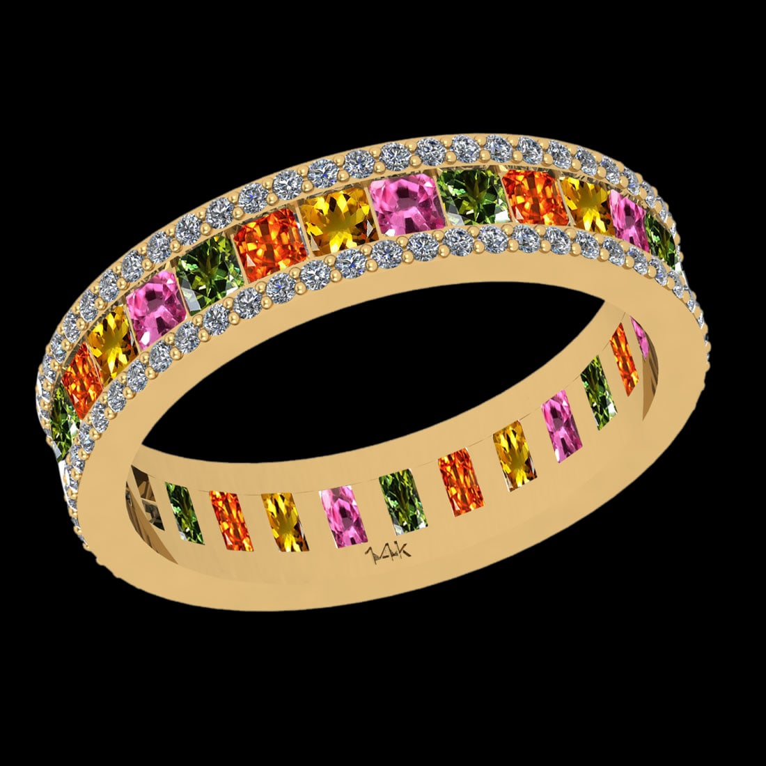 2.51 Ctw SI2/I1 Multi Sapphire And Diamond 14K Yellow Gold Eternity Band Ri: Multi Stone Weight : 1.96 Ctw (Princess Cut ) Multi Stone Color : Pink,Yellow,Green,Orange Sapphire Stone Setting : Prong Side Stone Weight Of Ctw 0.55 Ctw Side Stone Color : J-K Stone Clarity : SI2/I