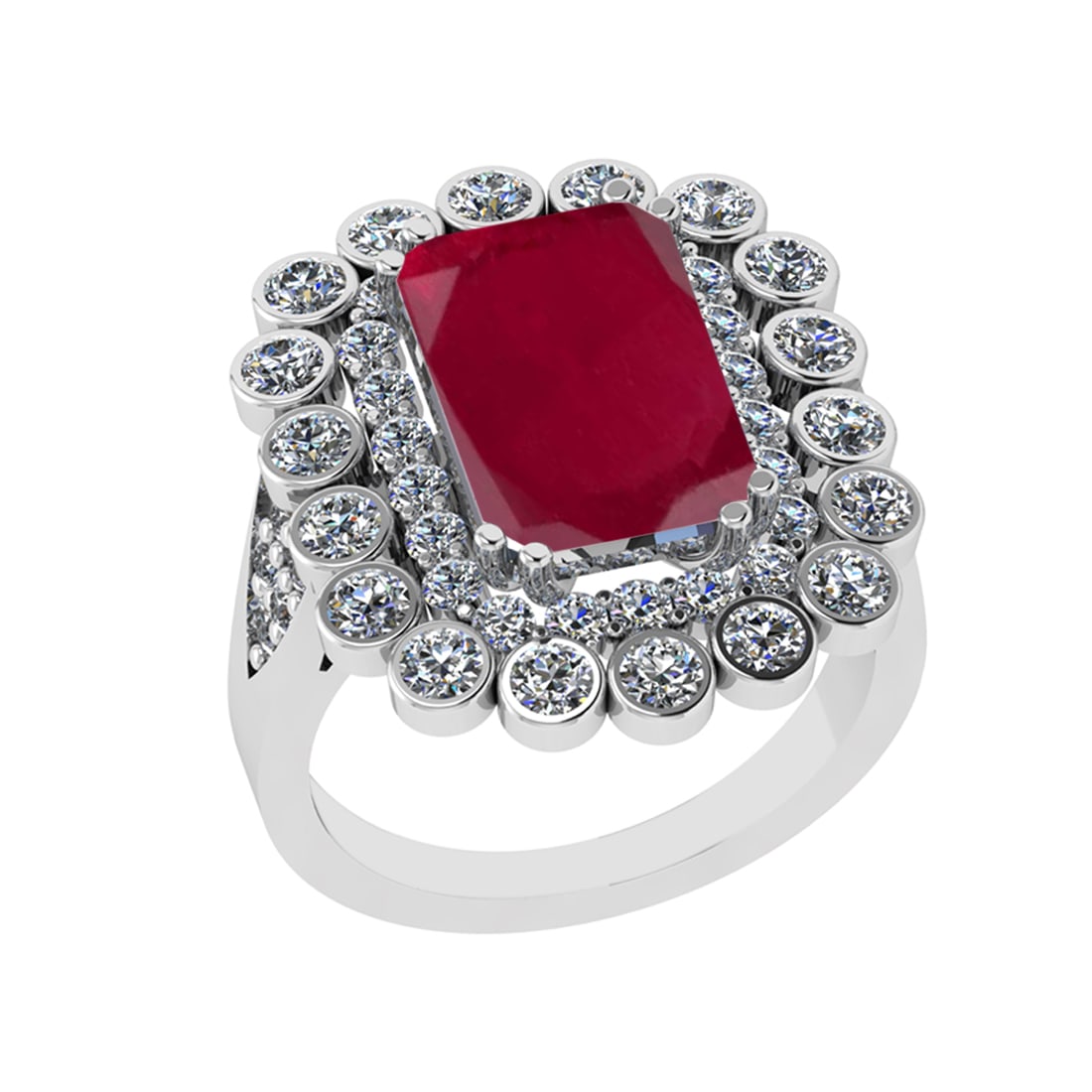 5.43 Ctw SI2/I1 Ruby and Diamond 14K White Gold Double Ring: Color Stone Weight : 2.52 Ctw ( Emerald Cut) Stone Color :- Ruby Center Stone Setting : Prong Total Weight Of Ctw 2.91 Ctw Color : J-K Clarity : SI2/I1 Stone Setting : Prong Metal Weight : Approx 6.80