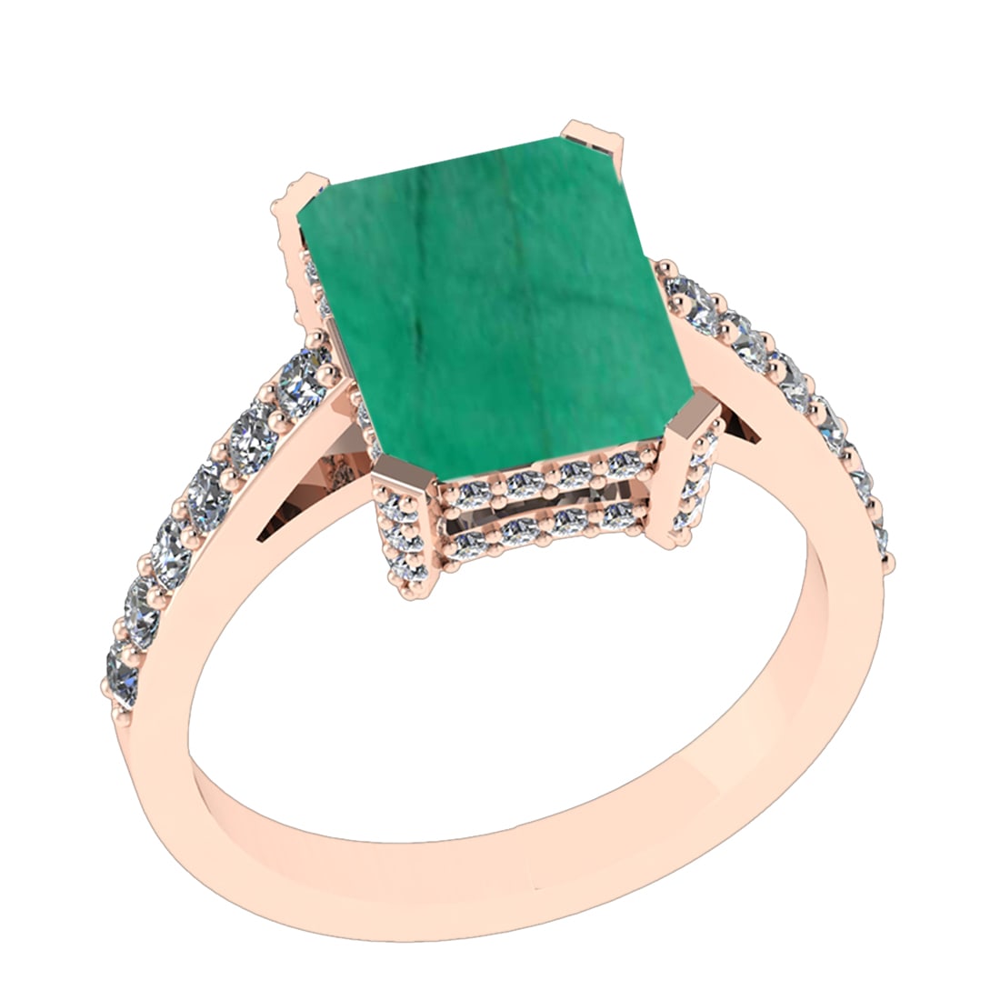 3.27 Ctw SI2/I1 Emerald and Diamond 14K Rose Gold Engagement Ring: Color Stone Weight : 2.50 Ctw ( Emerald Cut) Stone Color :- Emerald Center Stone Setting : Prong Total Weight Of Ctw 0.77 Ctw Color : J-K Clarity : SI2/I1 Stone Setting : Prong Metal Weight : Approx