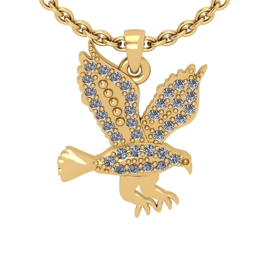 0.28 Ctw SI2/I1 Diamond 14K Yellow Gold Eagle Pendant Necklace: Total Diamond Weight : 0.28 Ctw (Round cut) Center Diamond Color :- J-K Center Clarity : SI2/I1 Stone Setting : Prong Metal Weight : Approx 3.50 Gram 14K Yellow Gold Eagle Pendant Necklace #PAPPS27891