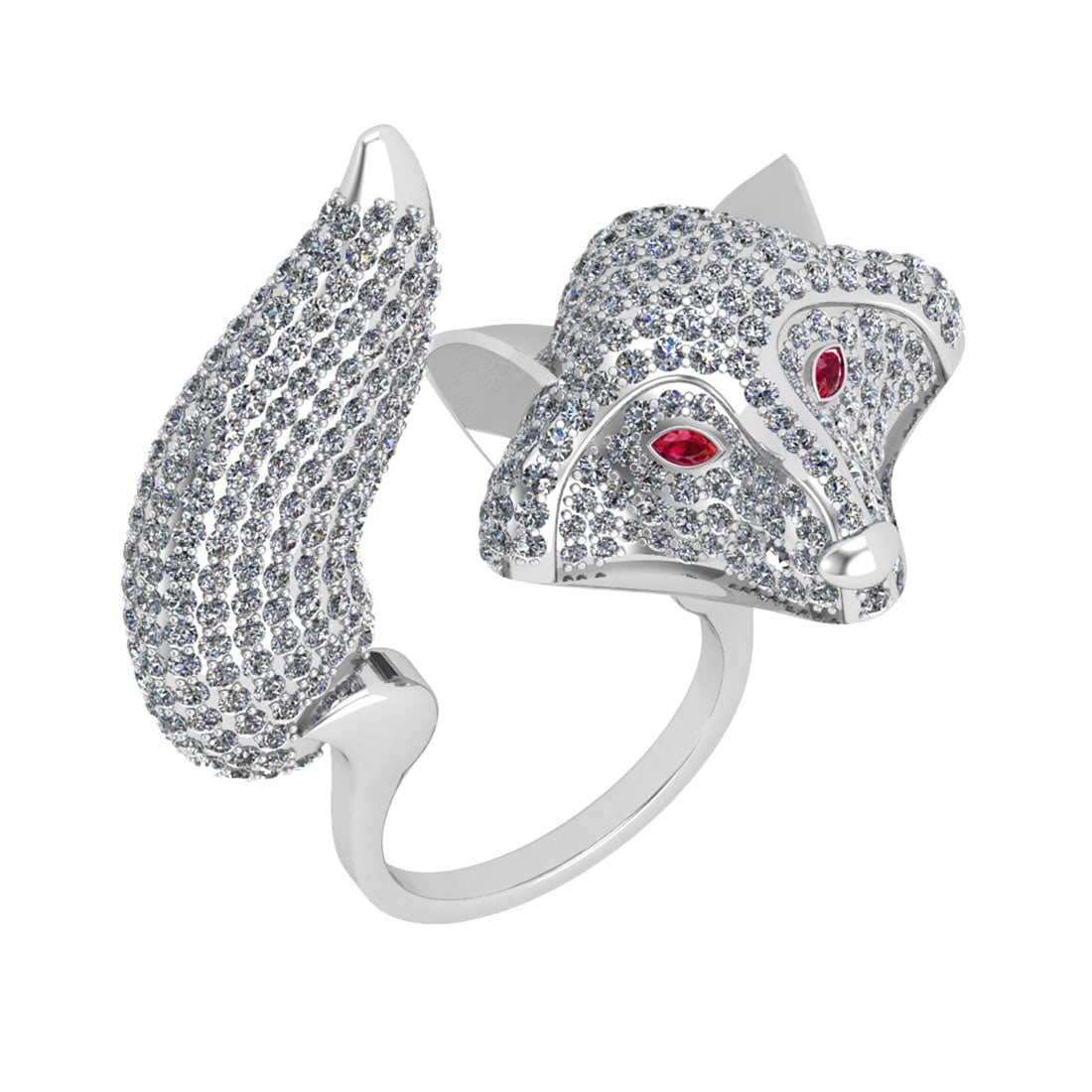 5.90 Ctw Ruby and Diamond 14K White Gold Animal theme Fox Ring: Eye stone Weight : 0.04 Ctw (Marquise Cut) Eye stone Color :- Ruby Setting : Prong Total Weight Of Ctw 5.86 Ctw Color : J-K Clarity : I2/I3 Stone Setting : Prong Metal Weight : Approx 35.50 gram 14K