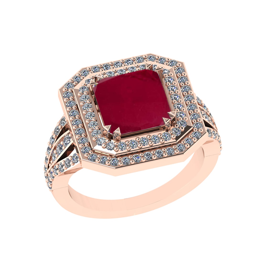 3.22 Ctw SI2/I1 Ruby and Diamond 14K Rose Gold Double Ring: Color Stone Weight : 2.40 Ctw ( Princess Cut) Stone Color :- Ruby Center Stone Setting : Prong Total Weight Of Ctw 0.82 Ctw Color : J-K Clarity : SI2/I1 Stone Setting : Prong Metal Weight : Approx