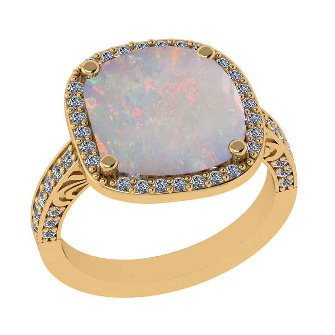 4.39 Ctw SI2/I1 Opal and Diamond 14K Yellow Gold Engagement Ring: Center Stone Weight : 3.84 Ctw Center stone Color :- Opal Setting : Prong Side Weight Of Ctw 0.55 Ctw Color : J-K Clarity : SI2/I1 Stone Setting : Prong Metal Weight : Approx 6.40 gram 14K Yellow