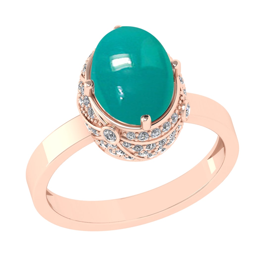 4.13 Ctw VS/SI1 Emerald and Diamond 14K Rose Gold Engagement Ring: Color Stone Weight : 3.56 Ctw (Oval Cab) Stone Color :- Emerald Center Stone Setting : Prong Side Weight Of Ctw 0.57 Ctw Color : J-K Clarity : VS/SI1 Stone Setting : Prong Metal Weight : Approx 6.30 g