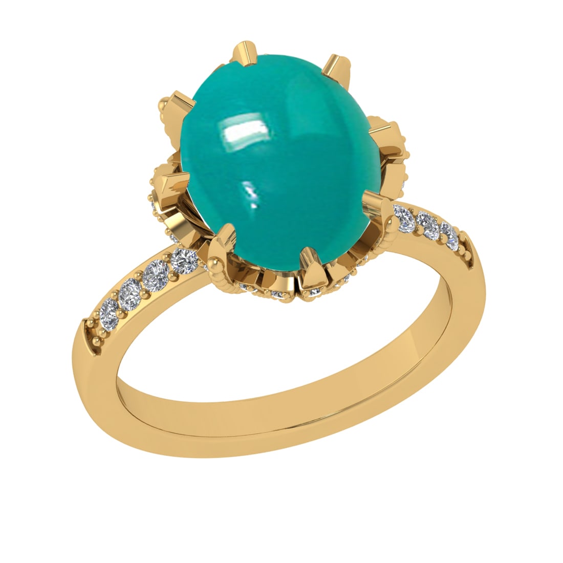 5.63 Ctw VS/SI1 Emerald and Diamond 14K Yellow Gold Engagement Ring: Color Stone Weight : 5.38 Ctw (Round Cab) Stone Color :- Emerald Center Stone Setting : Prong Side Weight Of Ctw 0.25 Ctw Color : J-K Clarity : VS/SI1 Stone Setting : Prong Metal Weight : Approx 4.95