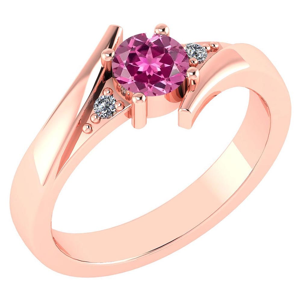 Certified 0.48 Ctw Pink Tourmaline And Diamond 14k Rose Gold Ring: Center Stone Weight ; 0.45 Ctw (1 Pcs Round) Center Stone Color: Pink Tourmaline Center Stone Setting ; Prong Side Stone (1.6 mm 2Pcs Round Diamond) 0.03 ctw Side Stone Color: White G-H Diamond Side