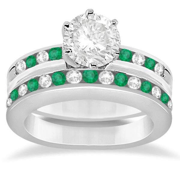 Semi-Eternity Emerald Gemstone Bridal Set Platinum 1.30 ctw: CENTER STONE 0.90CTW; Diamond,Emerald,Diamond,Emerald CENTER STONE CLARITY; SI1-SI2#Eye Clean CENTER STONE COLOR; J-K,Green CENTER STONE SETTING; Channel,Channel SIDE STONE CLARITY; SI1-SI2,Eye Clean