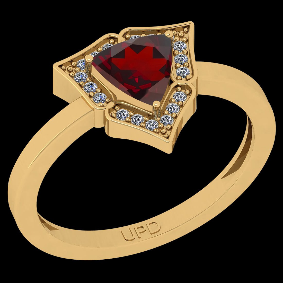 Certified 0.67 Ctw I2/I3 Garnet And Diamond 10K Yellow Gold Ring: Center Stone Approx Weight: 0.58 Ctw (Trillion Cut) Center Stone Color: Garnet Center Stone Setting: Prong Side Stone 0.09 Ctw Side Stone Color: J-K Stone Clarity: I2/I3 Stone Setting: Prong Metal Wei