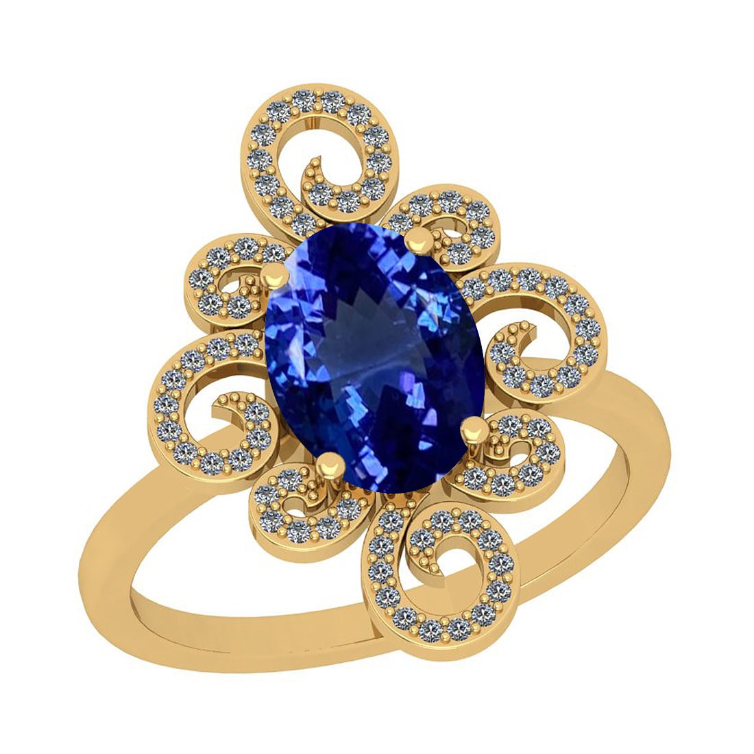 Certified 6.24 Ctw VS/SI1 Tanzanite And Diamond 14K Yellow Gold Filigree St: Center Stone Approx Weight: 5.65 Ctw (Oval Cut) Center Stone Color: Tanzanite Center Stone Setting: Prong Side Stone 0.59 Ctw Side Stone Color: J-K Stone Clarity: VS/SI1 Stone Setting: Prong Metal