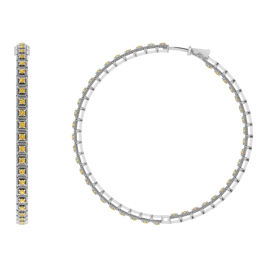 0.42 Ctw i2/i3 Treated Fancy Yellow Diamond 14K White Gold Hoop Earrings: Center Diamond Weight : 0.42 Ctw (Round Cut) Center Diamond Color :-Treated Fancy Yellow Diamond Center Clarity : i2/i3 Stone Setting : Prong Metal Weight : Approx 7.50 Gram 14K White Gold Hoop Earrin
