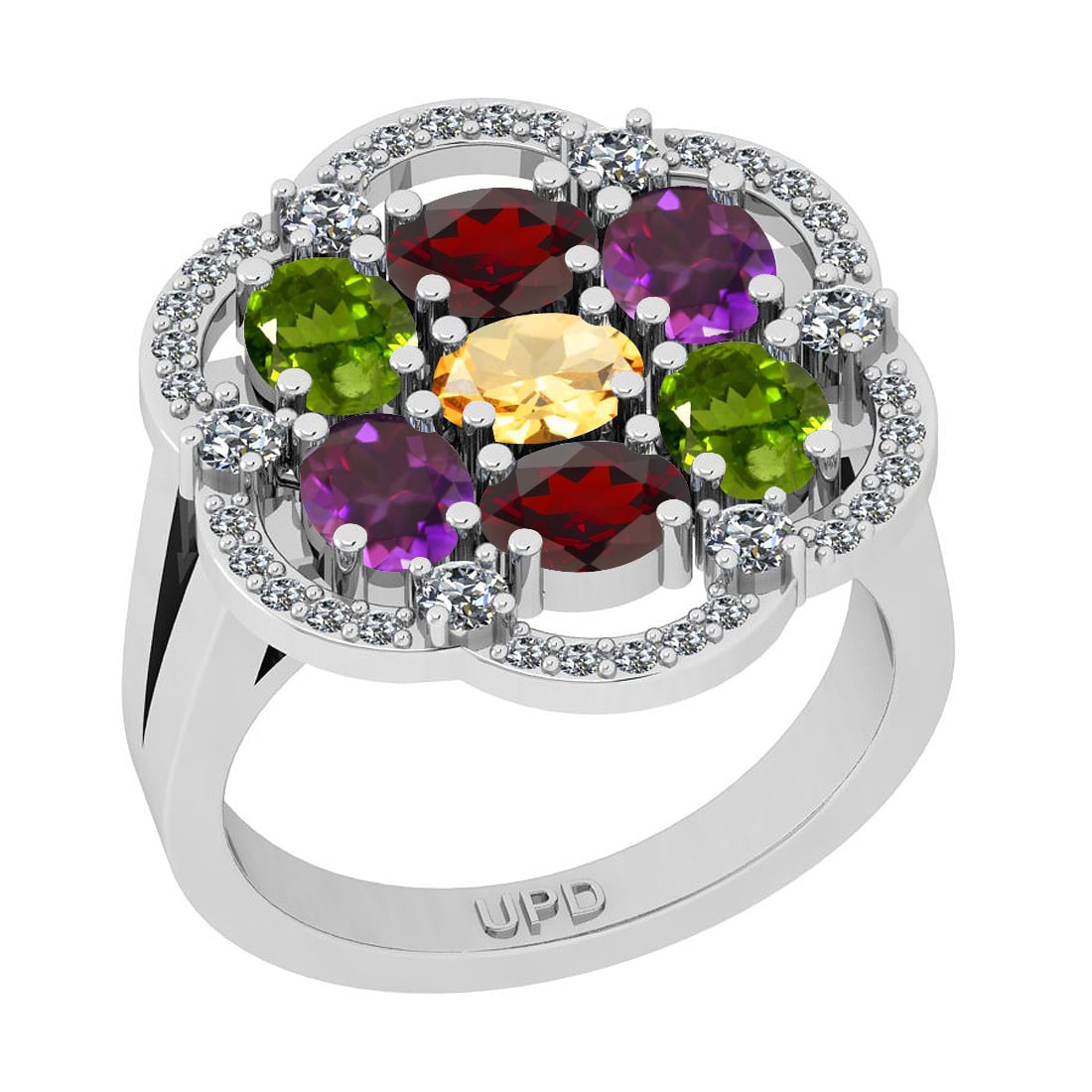 2.15 Ctw I2/I3 Multi Stone And Diamond 10K White Gold Cocktail Ring: Multi Stone Weight : 1.75 Ctw ( Oval Cut) Multi Stone Color :-Amethyst,Garnet,Peridot,Citrine Multi Stone Setting : Prong Side Stone Weight Of Ctw 0.40 Ctw Side Stone Color : J-K Stone Clarity : I2/I3