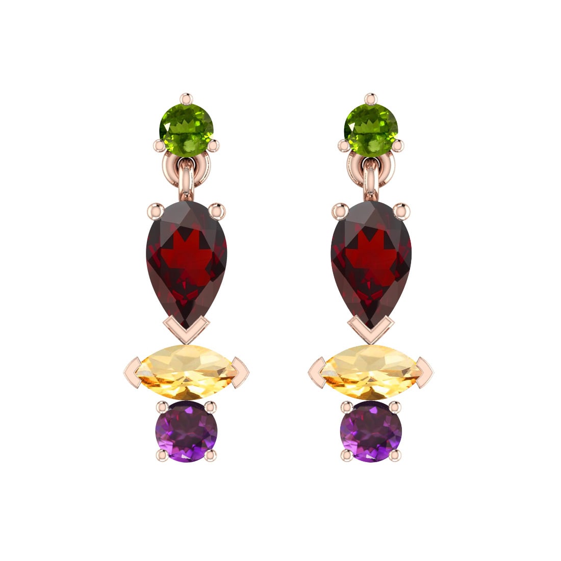 0.88 Ctw Multi Stone 10K Rose Gold Earrings: Multi Stone Weight : 0.88 Ctw (Pear,Marquise,Round Cut) Multi Stone Color :-Amethyst,Garnet,Peridot,Citrine Multi Stone Setting : Prong Metal Weight : Approx 1.80 gram 10K Rose Gold Earrings #PAPPS612