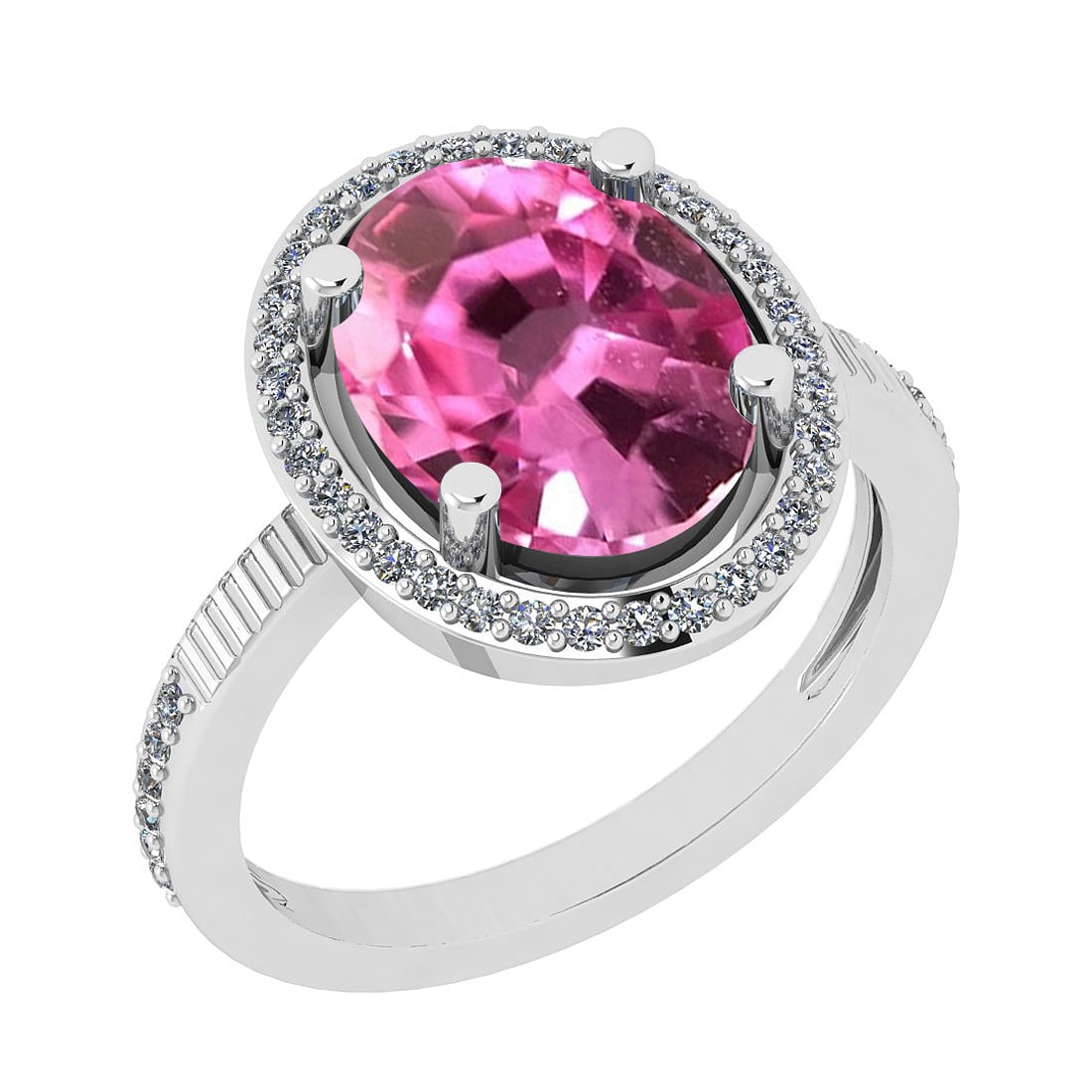 Certified 2.16 Ctw VS/SI1 Pink Sapphire And Diamond 14K White Gold Ring: Center Stone Approx Weight: 1.91 Ctw (Oval Cut) Center Stone Color: Pink Sapphire Center Stone Setting: Prong Side Stone 0.25 Ctw Side Stone Color: H-I Stone Clarity: VS/SI1 Stone Setting: Prong Metal
