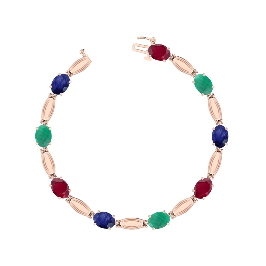 7.50 Ctw Multi Stone 14K Rose Gold Bracelet: Multi Stone Weight : 7.50 Ctw ( 10 Psc Oval Cut) Multi Stone Color :-Emerald,Ruby,Blue Sapphire Multi Stone Setting : Prong Metal Weight : Approx 8.30 gram 14K Rose Gold Bracelet #PAPPS60260v7