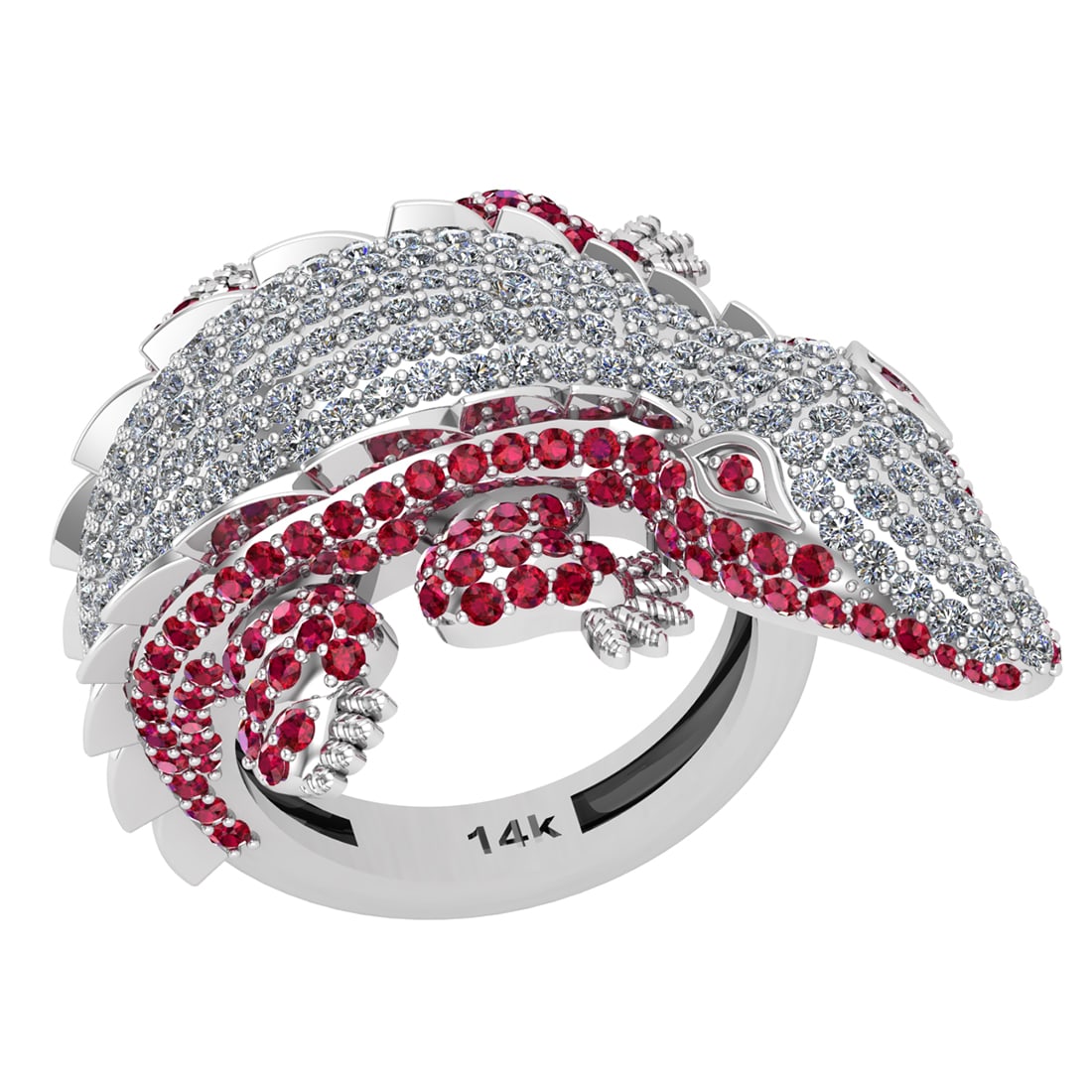 3.70 Ctw SI2/I1 Ruby and Diamond 14K White Gold Creature Crocodiles Ring: Center Stone Weight : 1.85 Ctw (Round Cut ) Center Stone Color : Ruby Center Stone Setting : Prong Side Stone Weight Of Ctw 1.85 Ctw Side Stone Color : J-K Stone Clarity : SI2/I1 Stone Setting : Prong