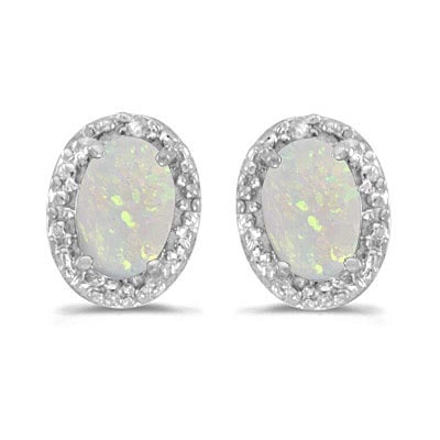Diamond and Opal Earrings 14k White Gold 1.10ctw: CENTER STONE; Opal CENTER STONE CLARITY; CENTER STONE COLOR; White CENTER STONE SETTING; Prong SIDE STONE CLARITY; SI SIDE STONE COLOR; I-J SIDE STONE SETTING; Pave ctw OF SIDE STONE: 0.02 SIDE STONE