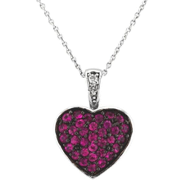 Diamond and Pink Sapphire Puffed Heart Pendant in 14k White Gold: METAL TYPE: 14k White Gold ;TOTAL CARAT WEIGHT: 0.82 ;NAME OF CENTER STONE: Sapphire ;CENTER STONE SHAPE: Round ;CENTER STONE CLARITY: ;CENTER STONE COLOR: Pink ;CENTER STONE SETTING: Prong ;CENTER ST
